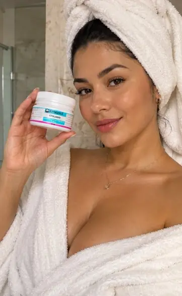 Parceira segurando o Esfoliante Amazolé de roupão após o banho
